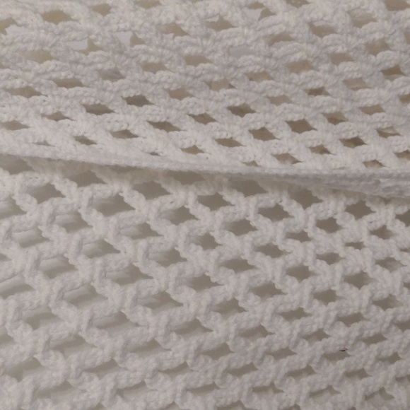 Handmade Crochet Cream Open Knit Shawl Boho Fringe Blanket Shawl - Picture 7 of 16